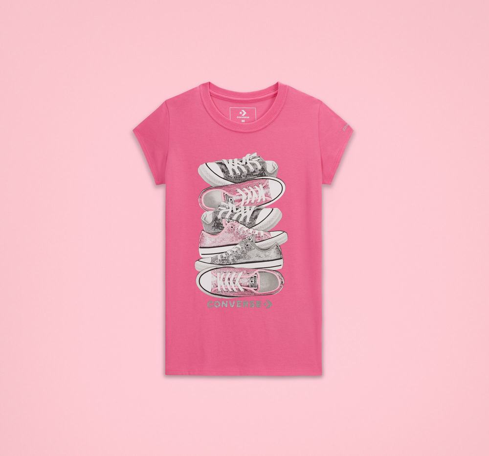 Camiseta Converse Sequin Shoe Stack Criança Rosa 658319LVN